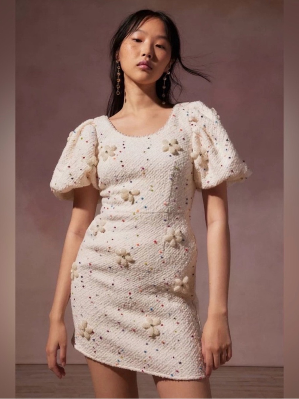 NWT - Sister Jane DREAM Blossom Tweed Mini Dress Boucle Cream with Flowers